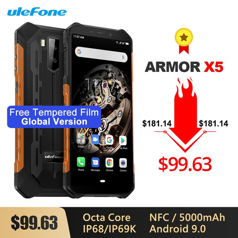 Ulefone Armor X5 IP68/IP69K Rugged Shockproof Smartphone 5000mAh Octa Core 5.5'' Dual SIM Android 9.0 OTG NFC 3GB 32GB 4G LTE